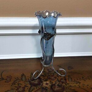 Iridescent glass tulip vase in metal leaf 3 legged stand